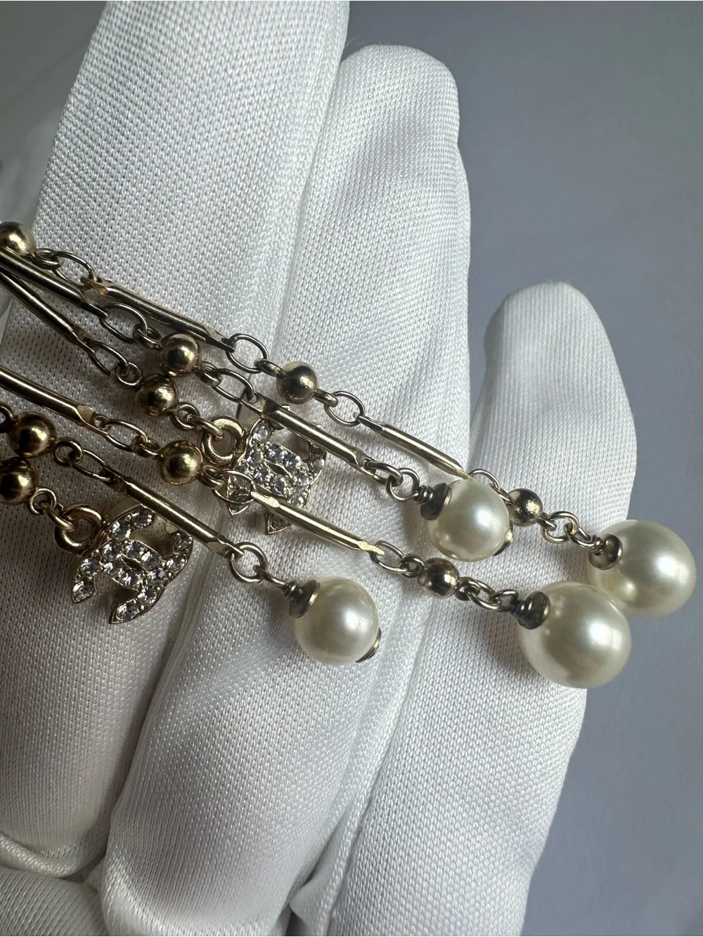 CHANEL 11C Enamel Crystal CC Pearl Chandelier Drop Earrings Rare